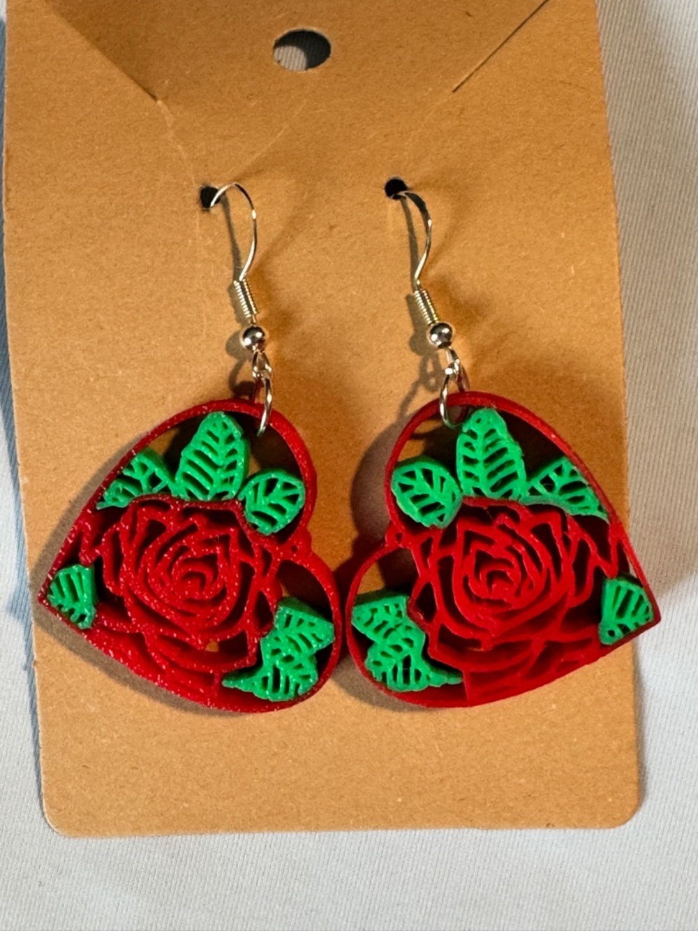 925 Sterling Silver Hooks Red and Green Heart Rose Drop Earrings Handmade